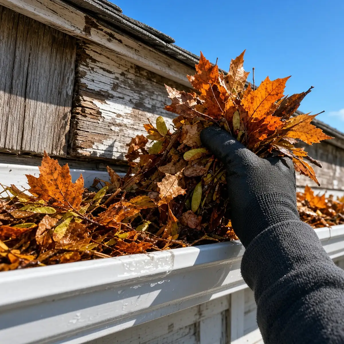 Close-up of a white K-style gutter on an older Oak Park home packed with wet leaves and about to overflow