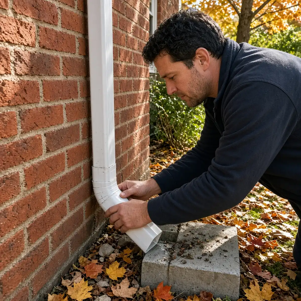 Installer securing a new white downspout and elbow to the brick corner of an older Oak Park home