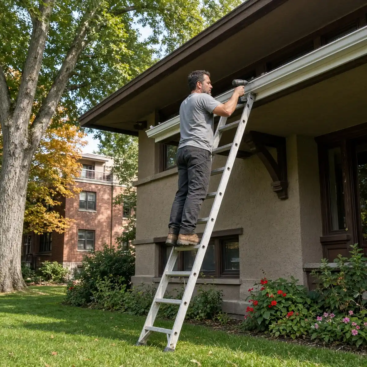 Tradesman driving a hidden gutter hanger into the fascia of a sagging gutter on a Prairie-style Oak Park home