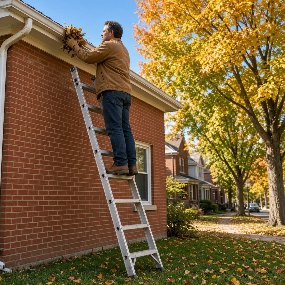 Gutter cleaner clearing wet autumn leaves from the gutter of an Oak Park brick home