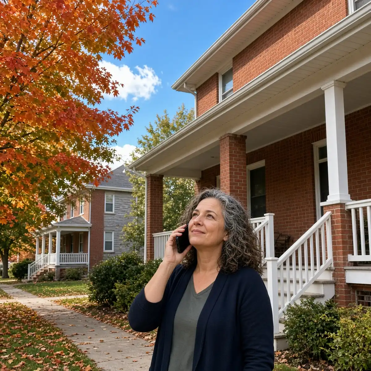 An Oak Park homeowner holding a phone to her ear in front of her older brick home, looking up at the gutters