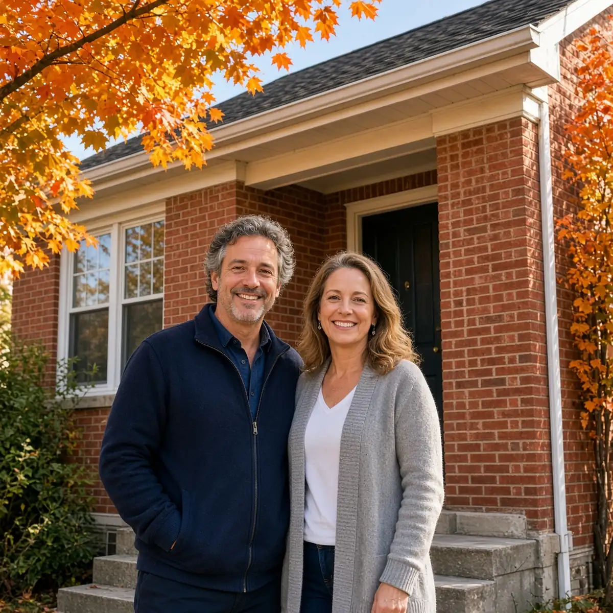 A friendly Oak Park homeowner couple standing on the front steps of their older brick home with deep eaves